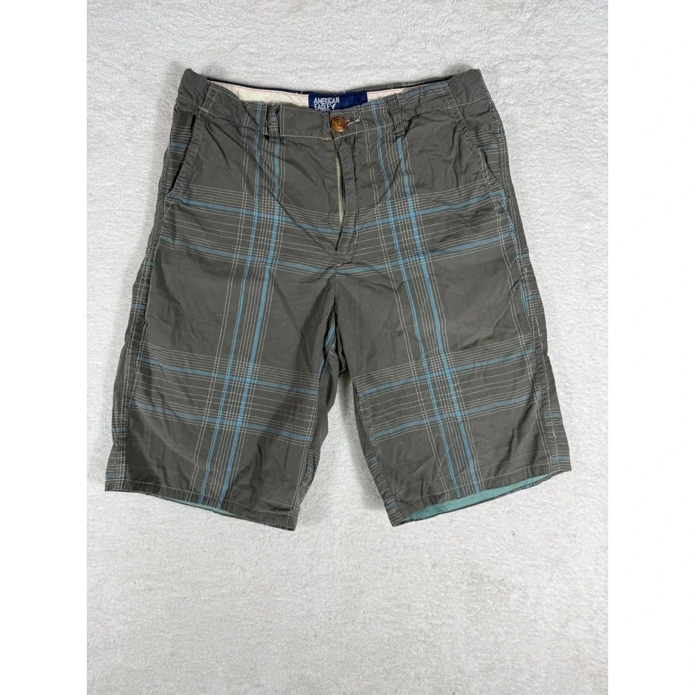 American Eagle Plaid Shorts Mens 34 Grey Blue Flat Front Casual Summer‎
